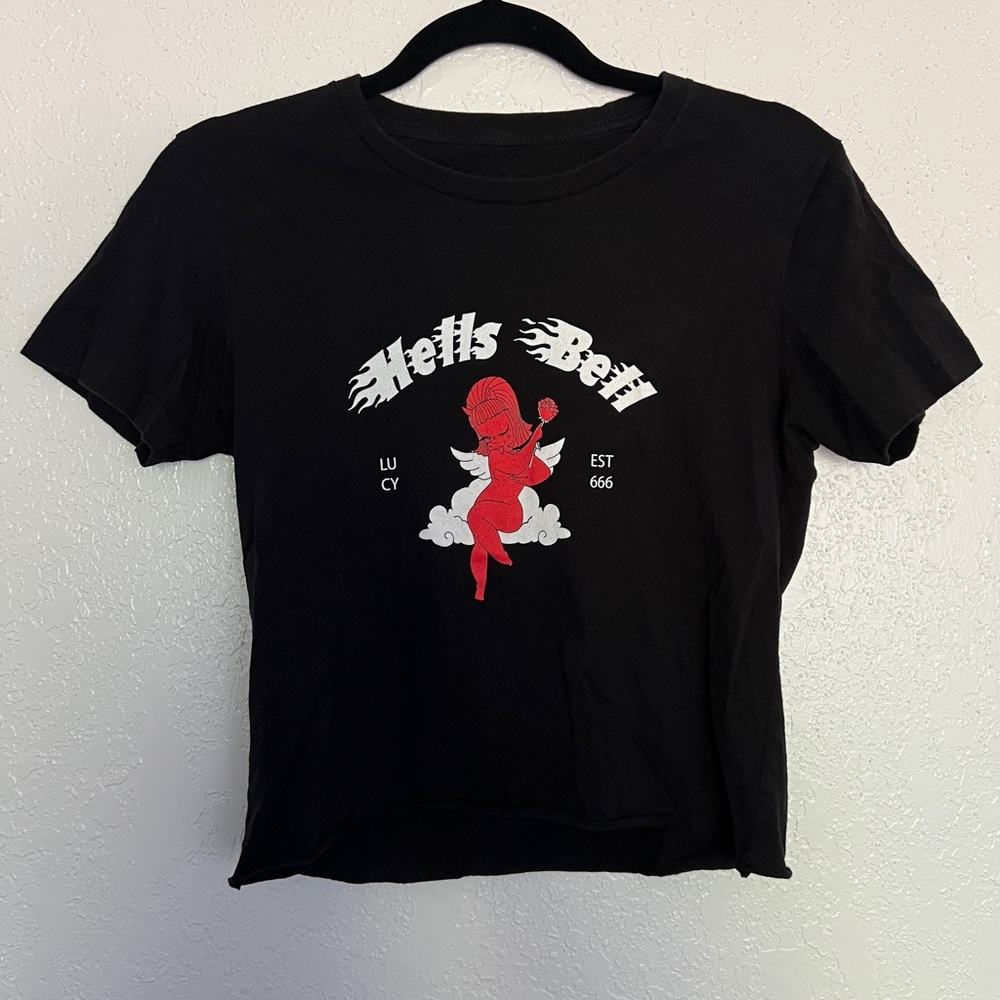 Hells Bell Graphic Cropped Tee Black Baby Tee Devil Angel Graphic